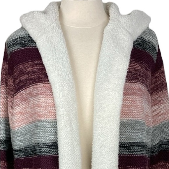 Long Pink Gray Knit Sherpa Hooded Cardigan, Size XL - Picture 2 of 15